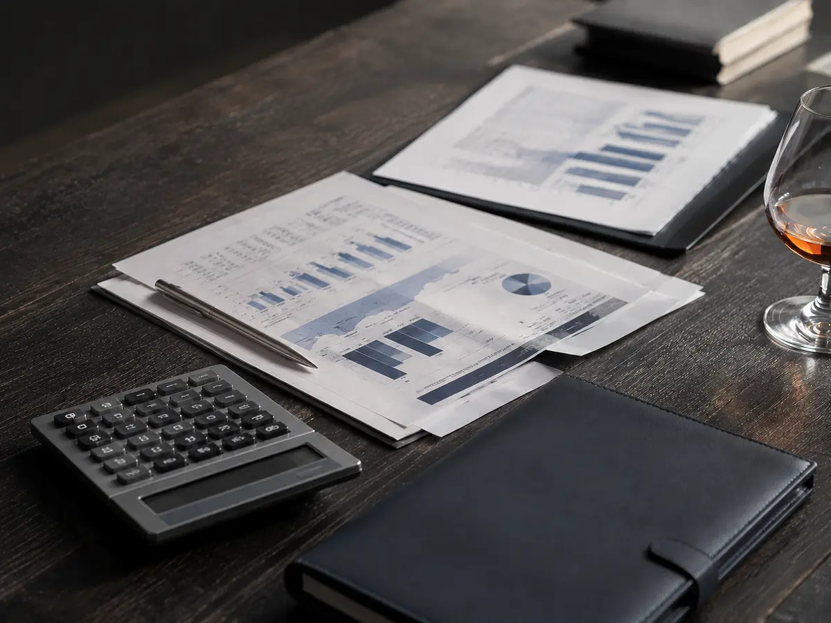 Unbranded market-analysis materials arranged on a dark executive desk