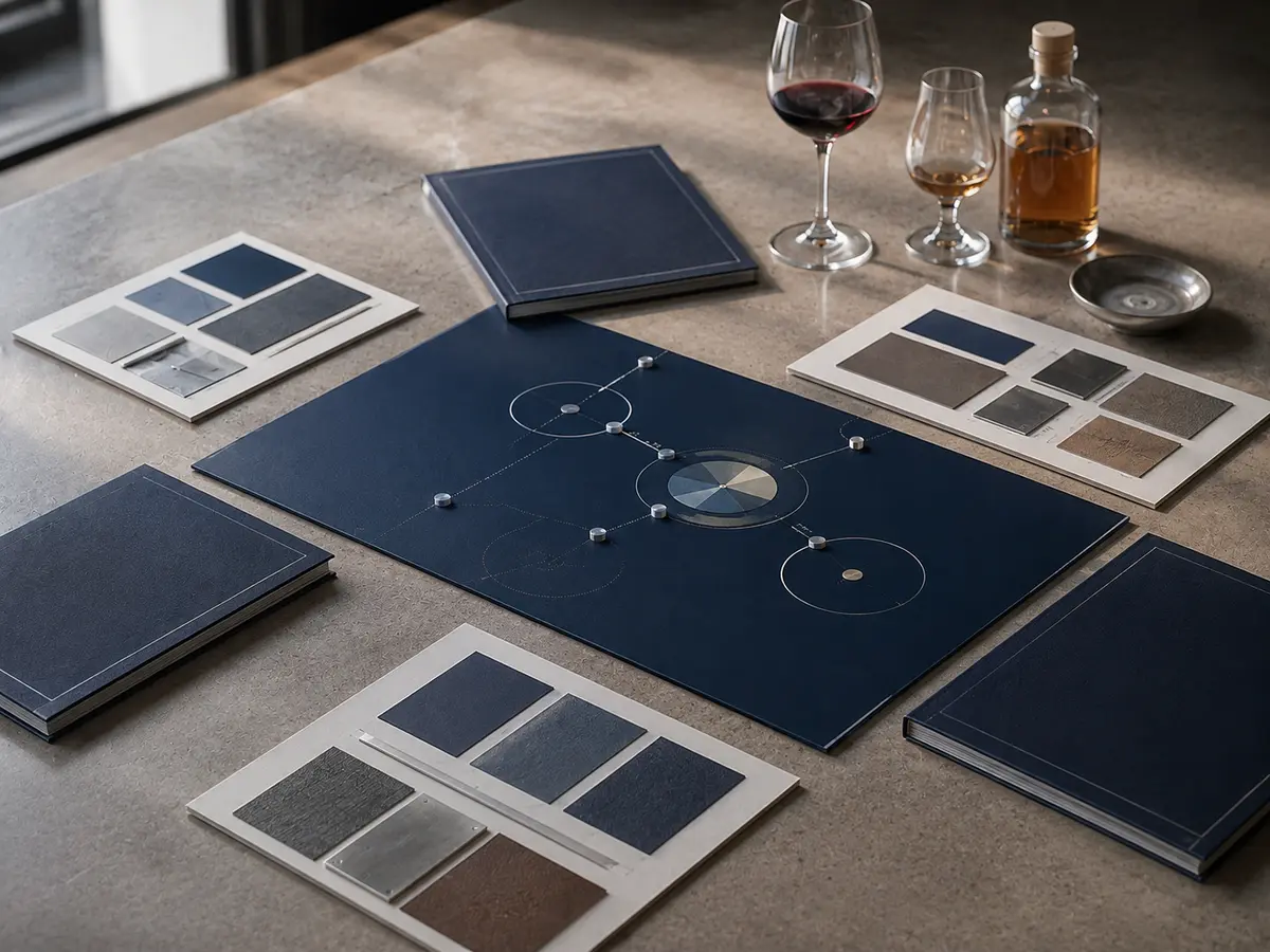 Unbranded wine and spirits packaging samples arranged beside partner-planning materials